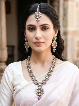 RUNORAA - Purple Amethyst Oracle Necklace with Earrings & Mang Tikka