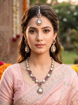 RUNORAA - Purple Zaffira Desire Mauve Heirloom Necklace with Earrings & Mang Tikka