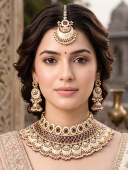 RUNORAA - Maroon Svarna Pankti Rosa Necklace with Earrings & Mang Tikka