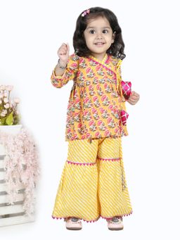 BownBee - Girls Block Print Cotton Angrakha with Sharara- Yellow (Set of 2) (5-6 Years)