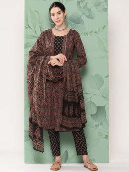 Yufta - Women Black Red Ethnic Motifs Straight Kurta With Pant & Dupatta