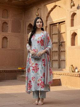 Yufta - Grey Lensing Straight Kurta With Pant & Dupatta