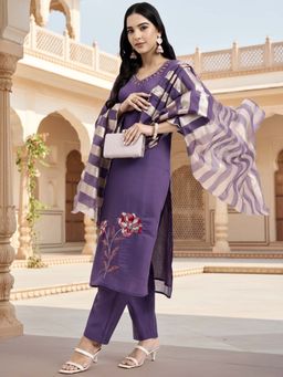 Yufta - Purple Solid Straight Style Chanderi Silk Lining Kurta With Pant & Dupatta