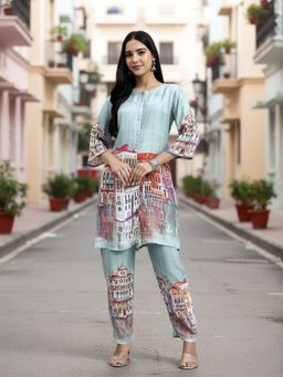 Yufta - Turquoise Blue Digital Print Straight Muslin Co-Ord Set