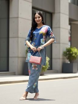 Yufta - Turquoise Blue Digital Print A-Line Muslin Co-Ord Set