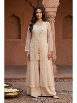 Aurelia - Women's Beige Embroidered Sequinned Straight Kurti With Palazzo & Jacket