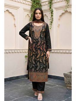 Aurelia - Women's Black Paisley Foil Print Straight Kurta With Palazzo & Dupatta