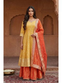 Aurelia - Women's Yellow Floral Zari Work Jacquard Anarkali Kurta With Palazzo & Dupatta