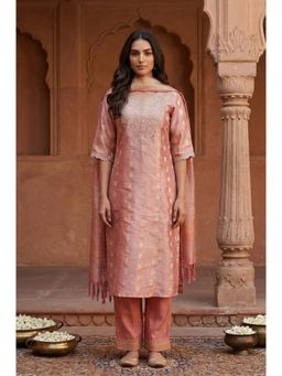 Aurelia - Women's Rose Gold Self Design Sequinned Jacquard Straight Kurta With Pant & Dupatta