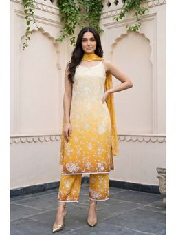 Aurelia - Women's Mustard Floral Lace Straight Kurta With Palazzo & Dupatta