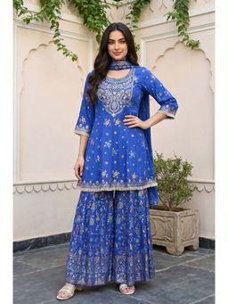 Aurelia - Women's Blue Floral Zari Straight Kurta With Sharara & Dupatta