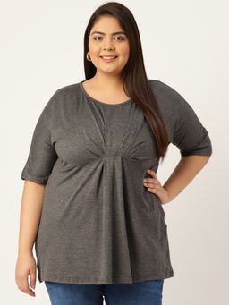 theRebelinme - Plus Size Women Charcoal Grey Color Solid Front Gathered Top