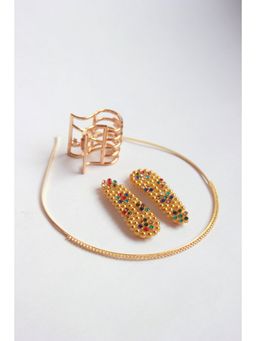 Choko - Gold Diamond Studded Metal Hairband Claw Clip & 2 Tick Tac Clips