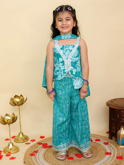 AJ Dezines - Blue Cotton Sleeveless Floral Printed Girls Palazzo With Pant & Dupatta