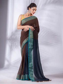 CHARUKRITI - Brown and Dark Grey Colorblock Pure Cotton Handwoven Saree with Unstitched Blouse