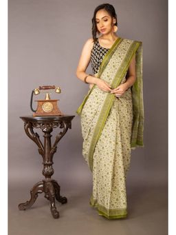 Unnati Silks - Ivory Green Pure Krisha Block Printed Cotton Saree with Unstitched Blouse