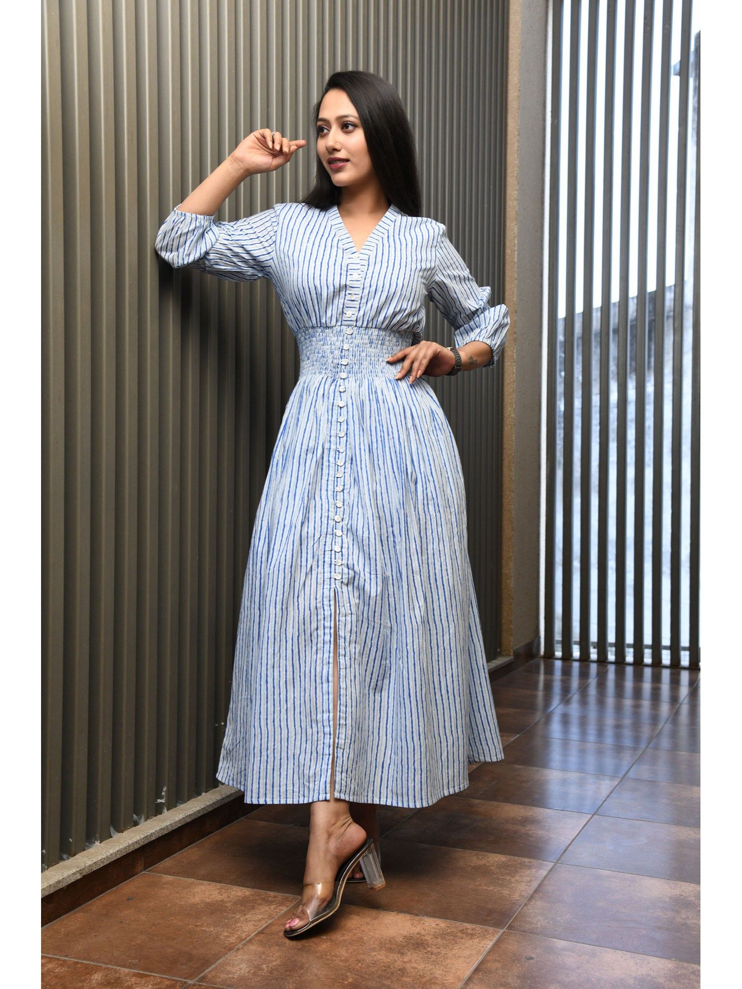 aaheli Blue Printed Stripped Cotton Comfy Dress-picture-13
