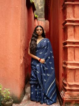 Eternity by Sakshi - Indigo Horizon Hand Block Printed Cotton Saree with Unstitched Blouse