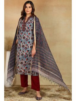 TAHILIYA - Navy Blue Floral Kota Doria Dupatta