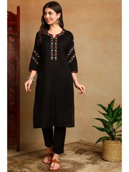 TAHILIYA - Black Floral Flax Linen Kurta