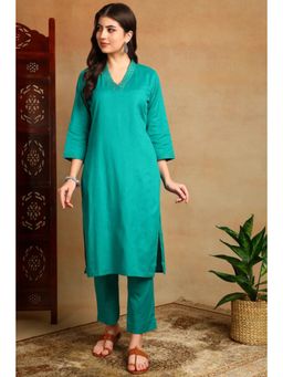TAHILIYA - Teal Blue Embroidered Flax Linen Kurta