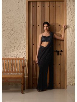 Saanjh by Lea - Humaida Black Shimmer Pre- Draped Saree with Stitched Blouse