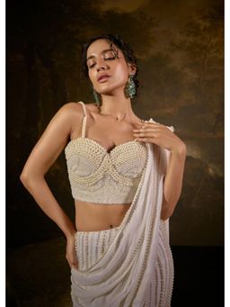 Saanjh by Lea - Mahima White Pearl Embroidered Saree with Stitched Blouse