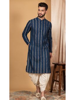 KISAH - Men Navy Blue Textured Cotton Blend Kurta Dhoti Set with Thread Work