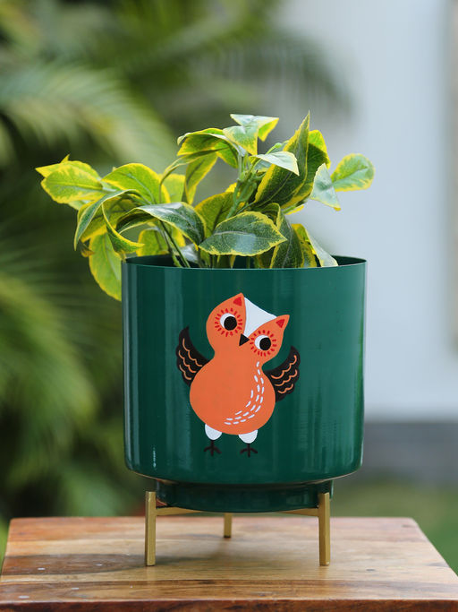 Revive Home Owl Design Hand Painted Planter - Green