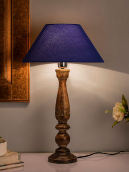 Homesake - Carved Black Wood Table Lamp Blue Shade