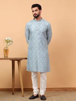 Treemoda - Blue Ethnic Wear Printed Embroidered Kurta Pyjama for Men (Set of 2)