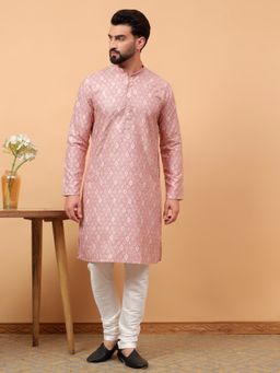 Treemoda - Peach Ethnic Wear Printed Embellished Sequence Kurta Pyjama for Men (Set of 2)