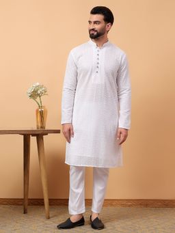 Treemoda - White Georgette Chikankari Embroidered Kurta Pyjama for Men (Set of 2)