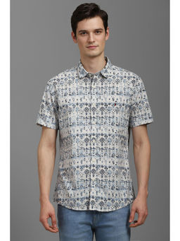 Louis Philippe - Men Beige and Black Slim Fit Print Half Sleeves Shirt