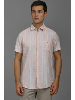 Louis Philippe - Men Peach Slim Fit Stripes Half Sleeves Shirt