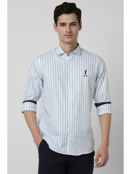 Peter England - Men White and Blue Slim Fit Stripes Shirt