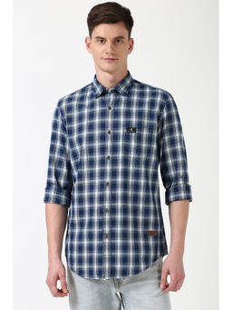 Peter England - Men Navy Blue Slim Fit Checks Shirt