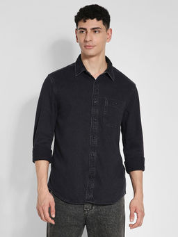 American Eagle - Men Black Solid Denim Button-Up Shirt