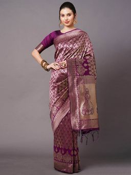 Odette - Purple Festive Silk Blend Woven Design Saree with Unstitched Blouse
