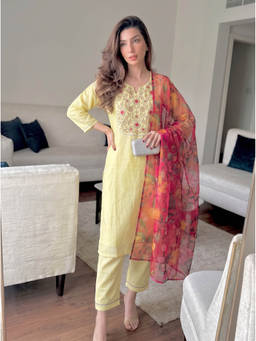 The Suitable - Yellow Resham Zari Floral Embroidered Kurta with Pant and Dupatta