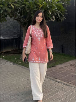 The Suitable - Women Cotton Embroidered Peach Kurti