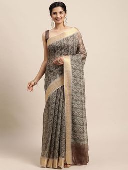 Odette - Womens Cotton Blend Olive Digital Print Designer Saree with Unstitched Blouse