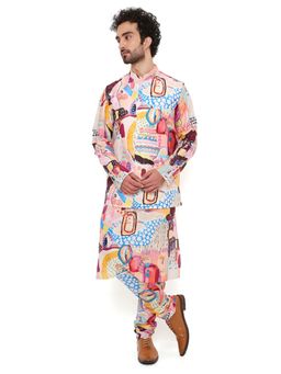 PS Men by Payal Singhal - Trance Print Nehru Jacket With Silkmul Kurta And Churidar (Set of 3)