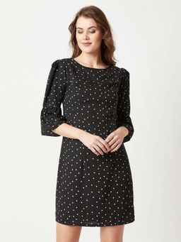 Miss Chase - Black Round Neck 3/4 Sleeve Polka Dot Flared Gathered Pleated Mini Shift Dress