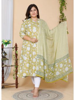 Miravan - Womens Yellow Plus Size Floral Anarkali Kurta with Dupatta (Set of 2)
