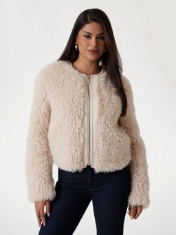Guess - Beige Solid Round Neck Long Sleeves Jacket