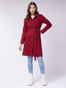 Miss Chase - Maroon Collared Full Sleeve Solid Tie up Longline Overcoat with Belt