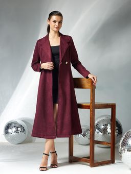 Miss Chase - Wine Solid V Neck Full Sleeves Side Pocketed Overcoat