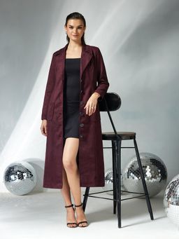 Miss Chase - Wine Solid Full Sleeves Patched Pocketed Overcoat