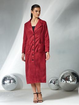 Miss Chase - Dark Red Solid V Neck Full Sleeves Patched Pocketed Overcoat